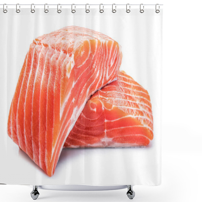 Personality  Fresh Raw Salmon Fillets Isolated On White Background. Shower Curtains