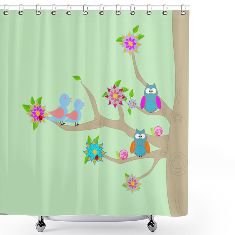 Personality  A Tree With Flowers, Owls, Birds And Ladybugs Shower Curtains