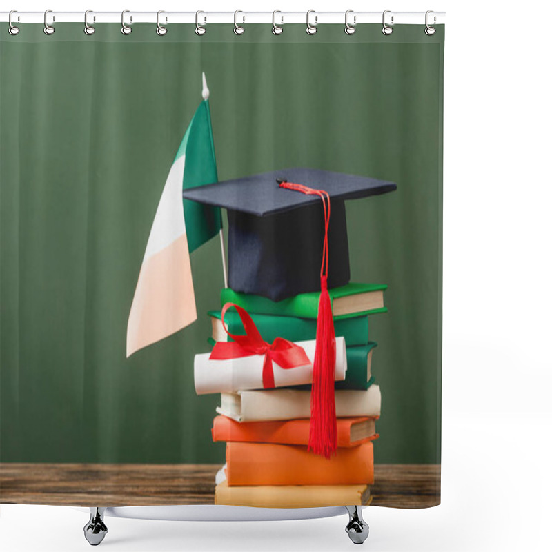 Personality  Books, Diploma, Academic Cap And Irish Flag On Wooden Surface Isolated On Green Shower Curtains