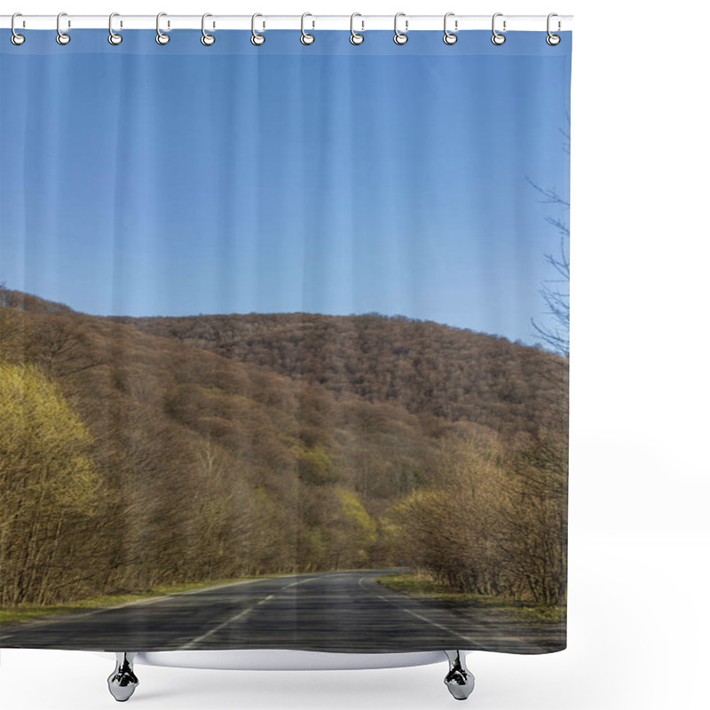 Personality  Blue Sky Above Mountain Forest And Road In Spring  Shower Curtains