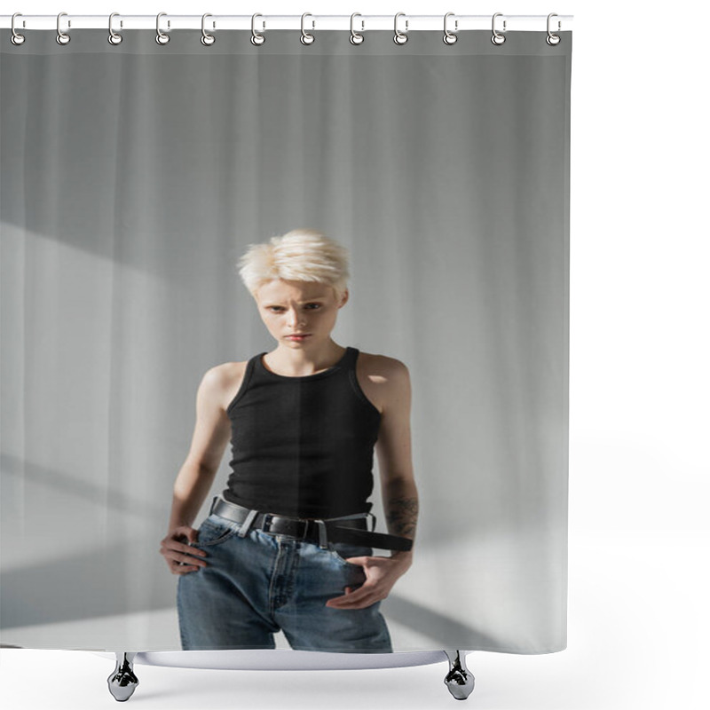 Personality  Serious Albino Woman With Tattoo On Hand Posing In Jeans And Tank Top On Grey  Shower Curtains