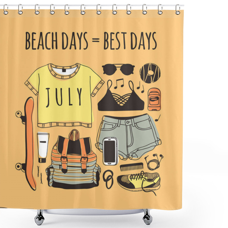 Personality  Hand Drawn Summer Quote And Illustration. Actual Tropical Vector Background. Artistic Doddle Drawing. Creative Ink Art Work And Text BEACH DAYS  BEST DAYS Shower Curtains