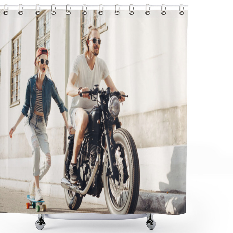 Personality  Young People Skateboarding Together On Road Shower Curtains