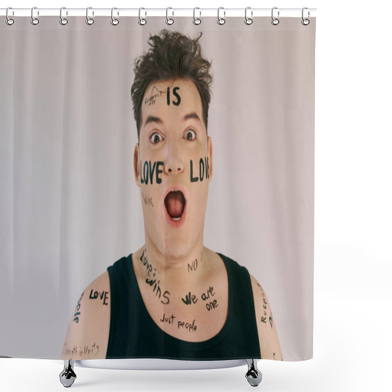 Personality  A Queer Person In A Sleeveless Top Exudes Confidence With Words Of Love On Their Skin. Shower Curtains