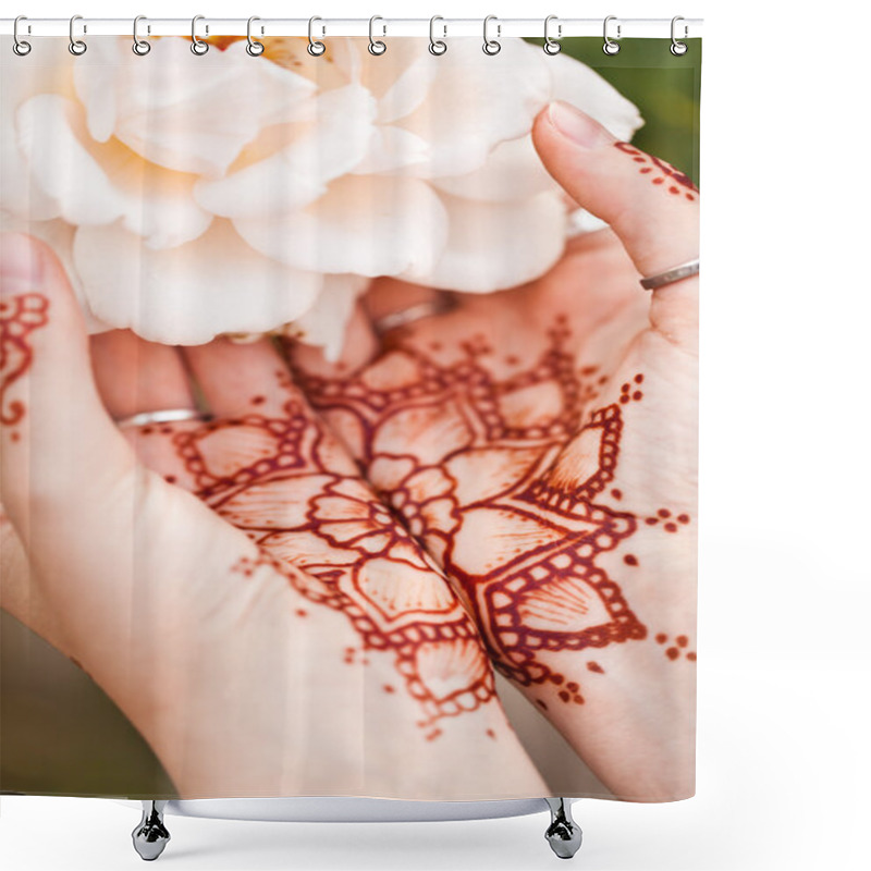 Personality  Mehndi Tattoo. Woman Hands With Black Henna Tattoos. India Natio Shower Curtains