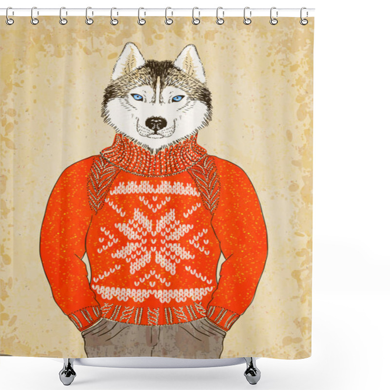 Personality  Husky Dog Wears Jacquard Sweater Shower Curtains