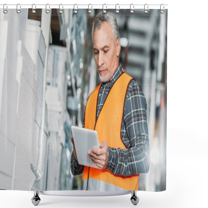 Personality  Senior Worker In Safety Vest Using Digital Tablet In Storehouse Shower Curtains