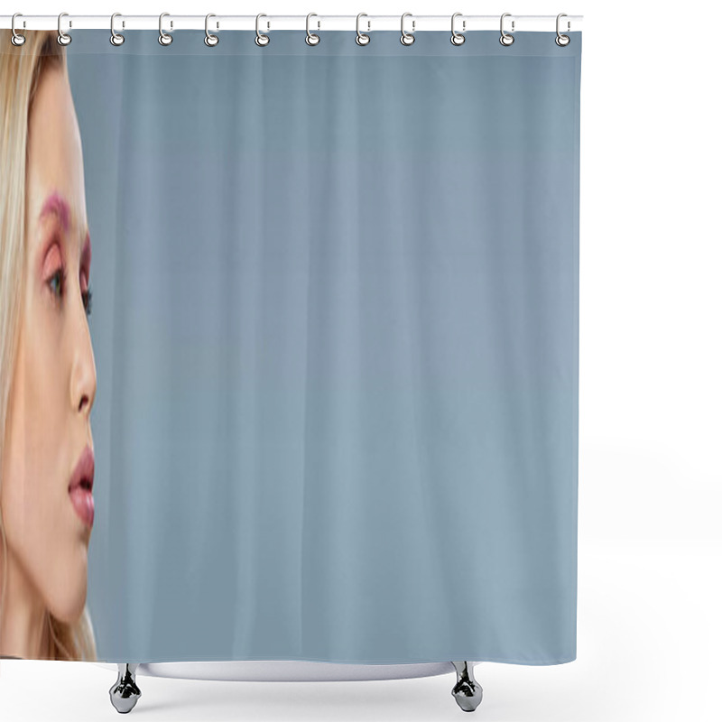 Personality  Young Model With Pink Eye Makeup And Blonde Hair Posing On Grey Backdrop, Feminine Beauty, Banner Shower Curtains