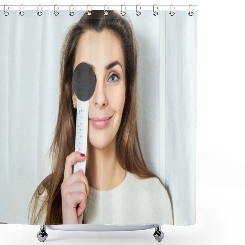 Personality  Young Beautiful Girl Checks Eyesight Ophthalmologist Shower Curtains