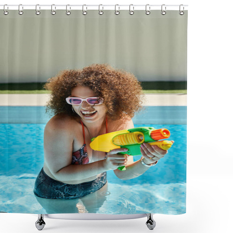 Personality  A Woman In A Bikini Smiles As She Holds A Water Gun In A Pool. Shower Curtains