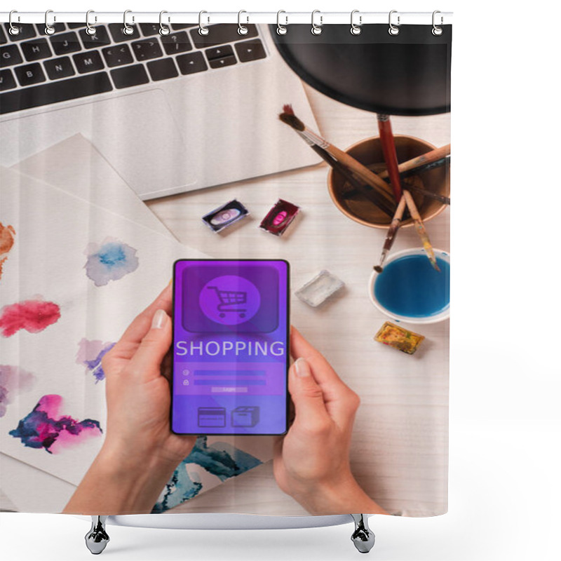 Personality  Cropped View Of Designer At Office Desk Holding Smartphone With Online Shopping App On Screen, Flat Lay Shower Curtains