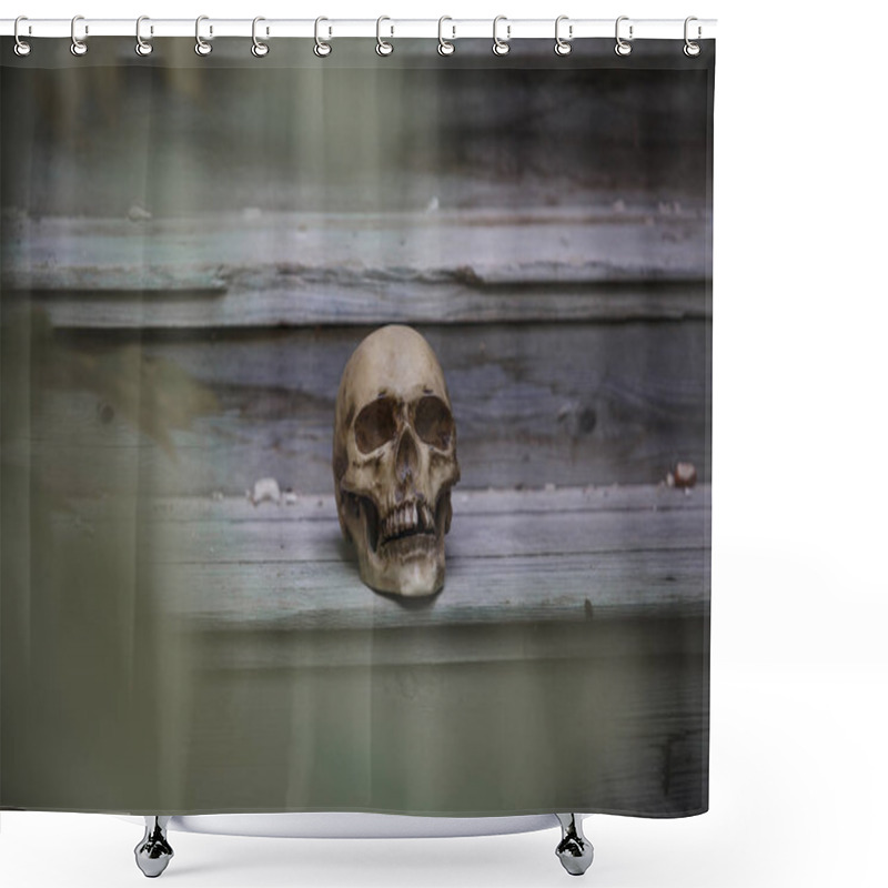 Personality  The Skull Of A Man Lying On The Steps Of An Old Wooden Staircase, Illuminated By Light. Horrors In An Abandoned House On Halloween Shower Curtains