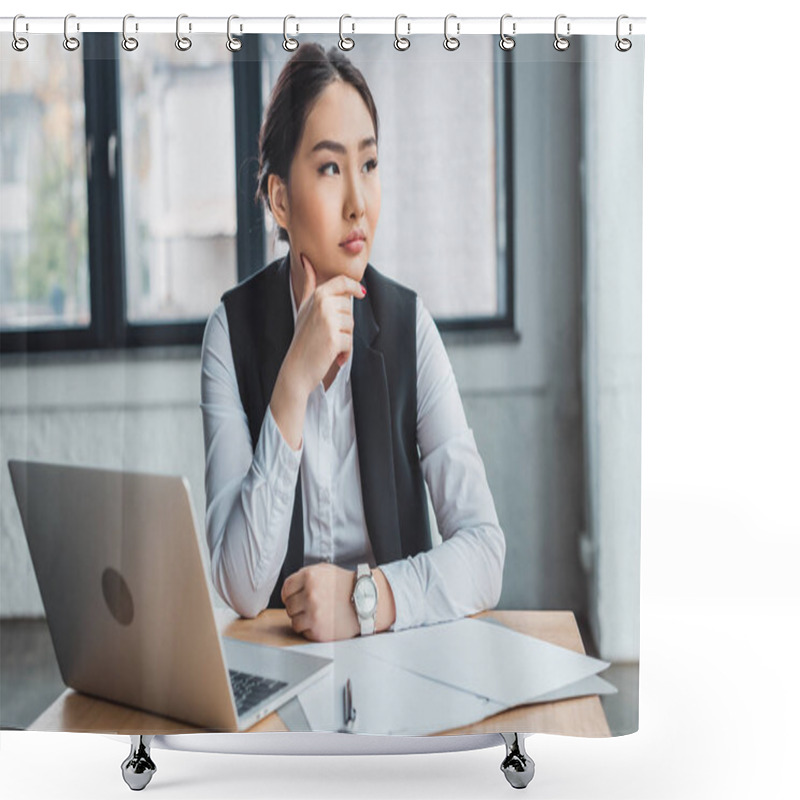 Personality  Pensive Young Kazakh Businesswoman Sitting At Workplace And Looking Away In Office Shower Curtains