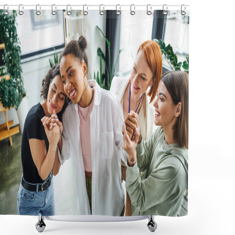 Personality  Smiling Multiethnic Female Friends And Motivation Coach Holding Hands Of Happy African American Woman While Standing In Psychology Consulting Room, Moral Support And Mental Wellness Concept Shower Curtains