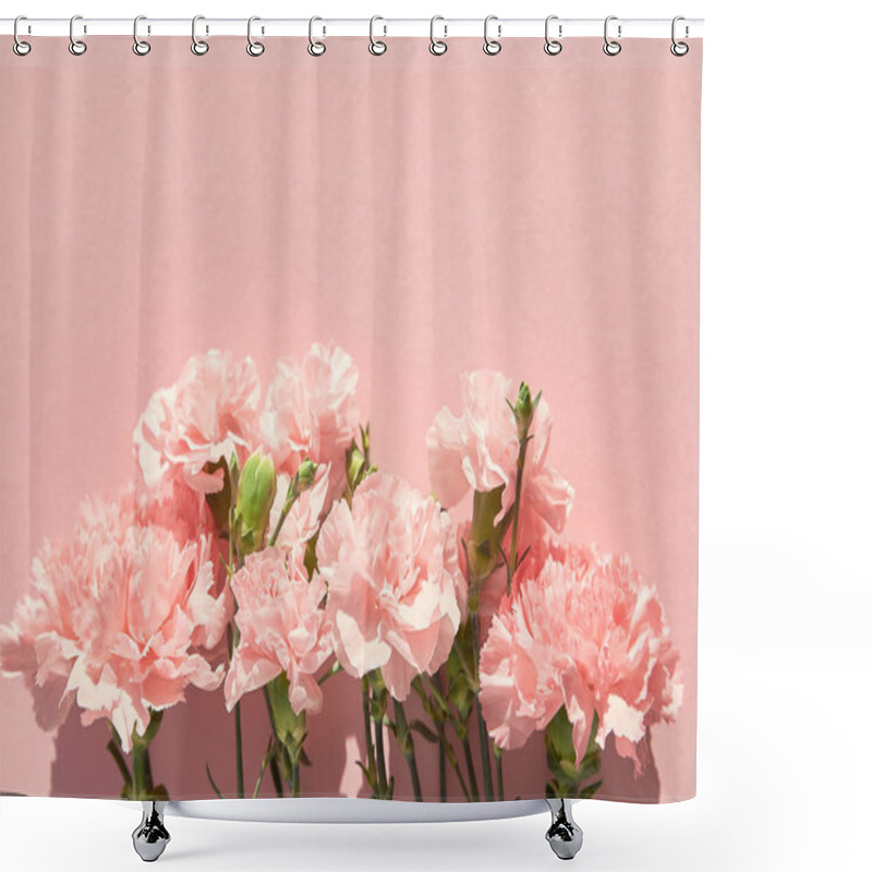 Personality  Top View Of Blooming Carnations On Pink Background Shower Curtains