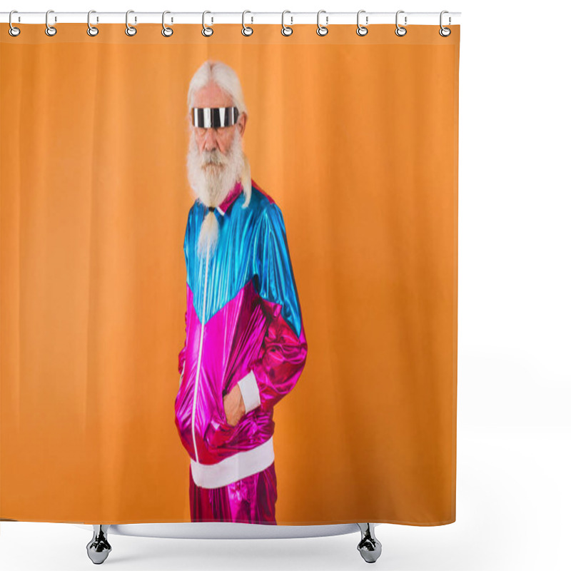 Personality  Senior Man With Eccentric Look  - 60 Years Old Man Having Fun, Portrait On Colored Background, Concepts About Youthful Senior People And Lifestyle Shower Curtains