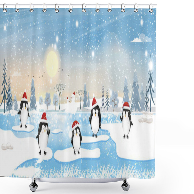 Personality  Winter Wonderland Landscape At Arctic Ocean With Penquin Bear Family Playing Ice Skating And Standing On Ice Edge With Snowing. Cute Animals Banner For New Year And Merry Christmas Greeting Card Shower Curtains