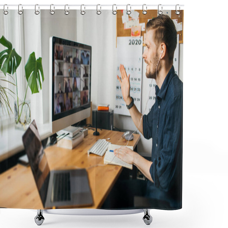 Personality  Young Man Having Zoom Video Conferencing Call Via Computer. Remote Team Meeting. Home Office. Stay At Home And Work From Home Concept During Coronavirus Pandemic Shower Curtains