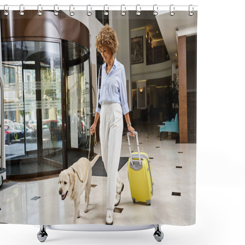 Personality  Happy Traveler With Her Labrador In A Pet-friendly Hotel Entrance, African American Woman With Dog Shower Curtains