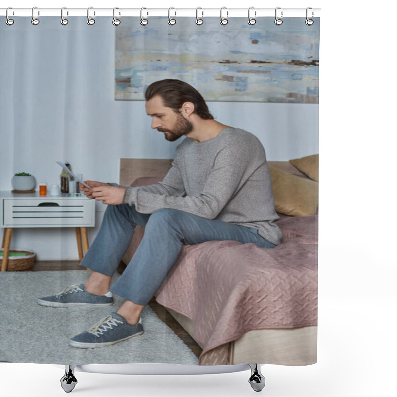 Personality  Shocked Man Holding Ultrasound Photo, Sitting On Bed, Pregnancy, Responsibility, Making Decision Shower Curtains