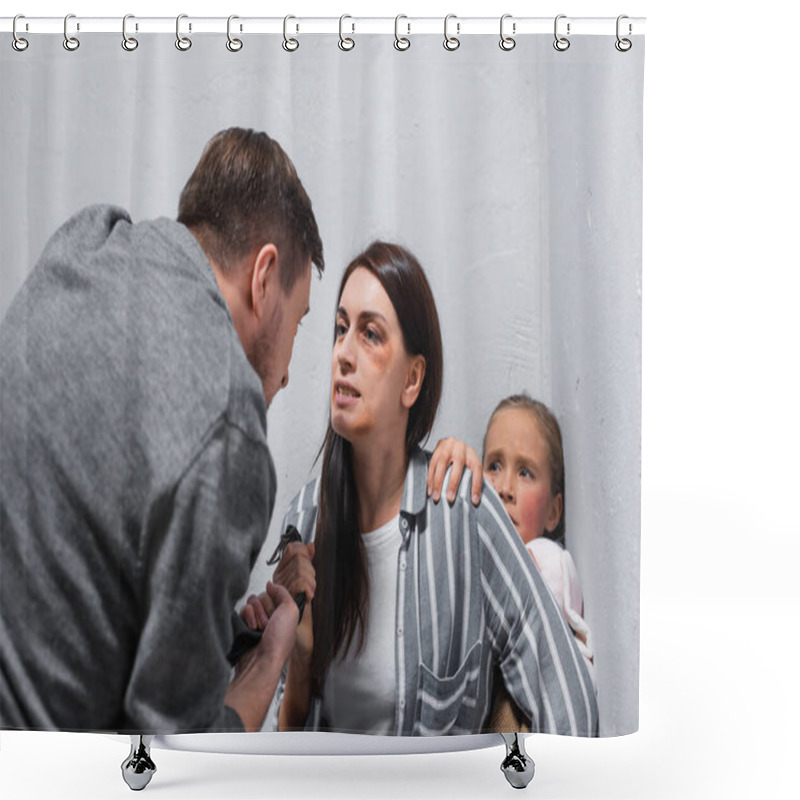 Personality  Woman Taking Waist Belt From Abusive Husband Near Child With Bruise  Shower Curtains