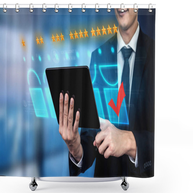 Personality  Customer Review Satisfaction Feedback Survey Concept. User Give Rating To Service Experience On Online Application. Customer Can Evaluate Quality Of Service Leading To Reputation Ranking Of Business. Shower Curtains