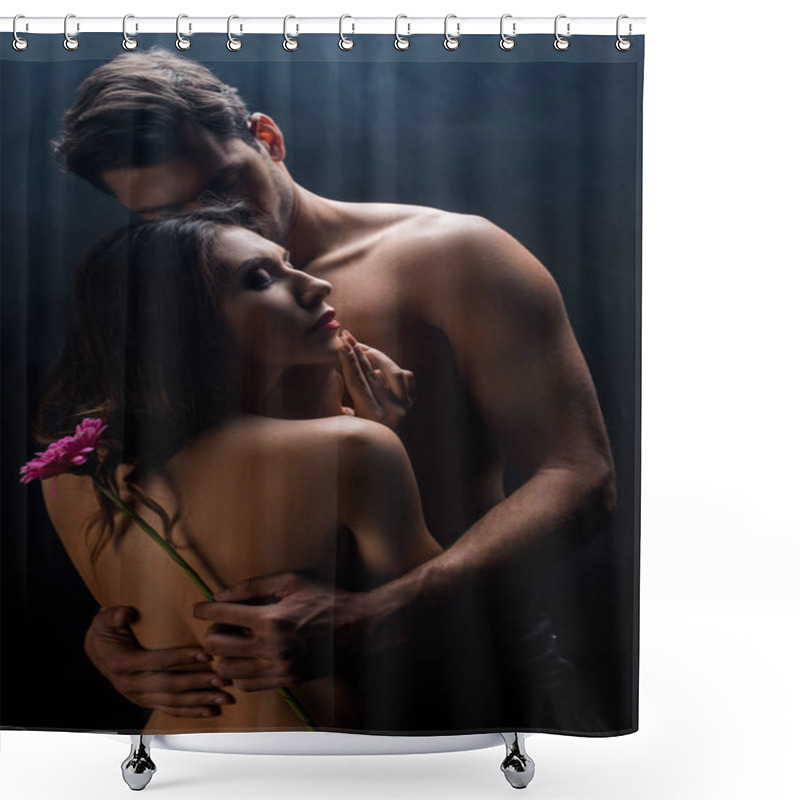 Personality  Handsome Muscular Man Hugging Beautiful Naked Girlfriend While Holding Gerbera On Black Background With Smoke  Shower Curtains