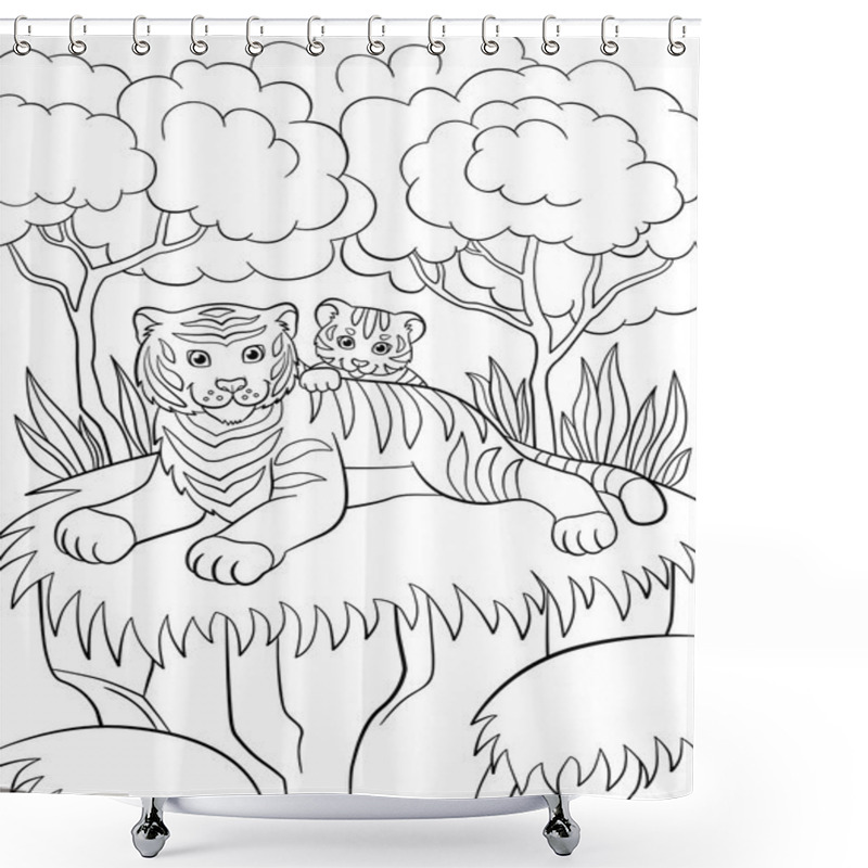 Personality  Coloring Pages. Wild Animals. Smiling Mother Tiger With Her Little Cute Baby Tiger In The Forest. Shower Curtains