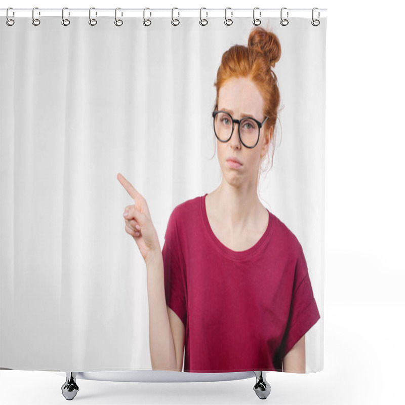 Personality  Unhappy Woman Pointing Up. Negative Emotion, Facial Expression Feeling Shower Curtains