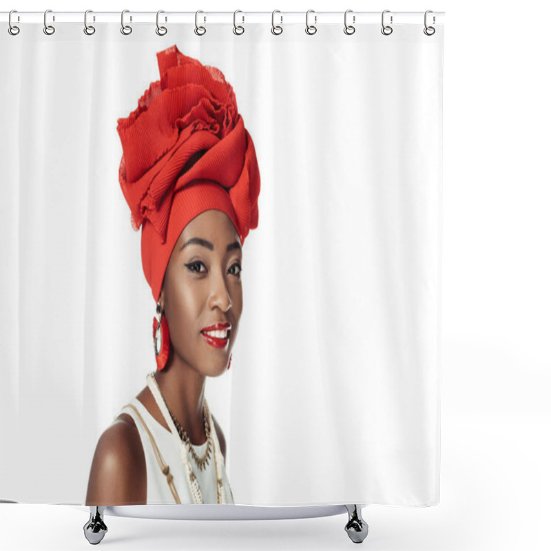 Personality  Young African American Woman In Wire Head Wrap Isolated On White Shower Curtains