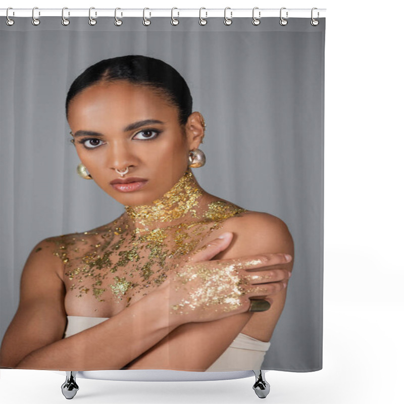 Personality  Fashionable African American Model With Golden Foil On Chest And Piercing Looking At Camera Isolated On Grey  Shower Curtains