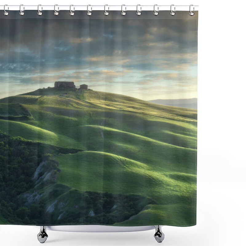 Personality  Ruin On The Rolling Hills Of Crete Senesi At Sunset. Spring Landscape In Monte Sante Marie, Province Of Siena, Tuscany Region, Italy Shower Curtains