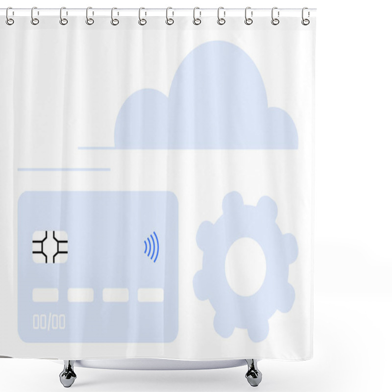 Personality  Credit Card With Wireless Signal Near A Gear And Cloud. Ideal For Payments, Fintech, Banking Systems, E-commerce, Cloud Security, App Integration, Abstract Line Flat Metaphor Shower Curtains