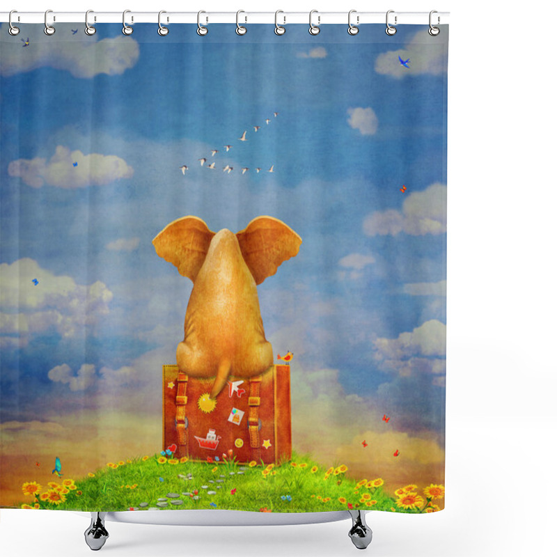 Personality  Elephant  Sitting On The Suitcase On  The Glade ,illustration Art Shower Curtains