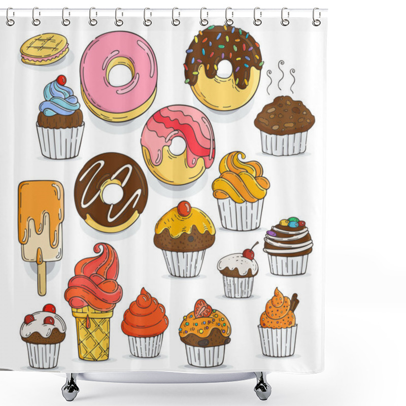 Personality  Set Of Candy And Muffins Icons. Cakes, Sweets, Lollipops, Bows. Shower Curtains