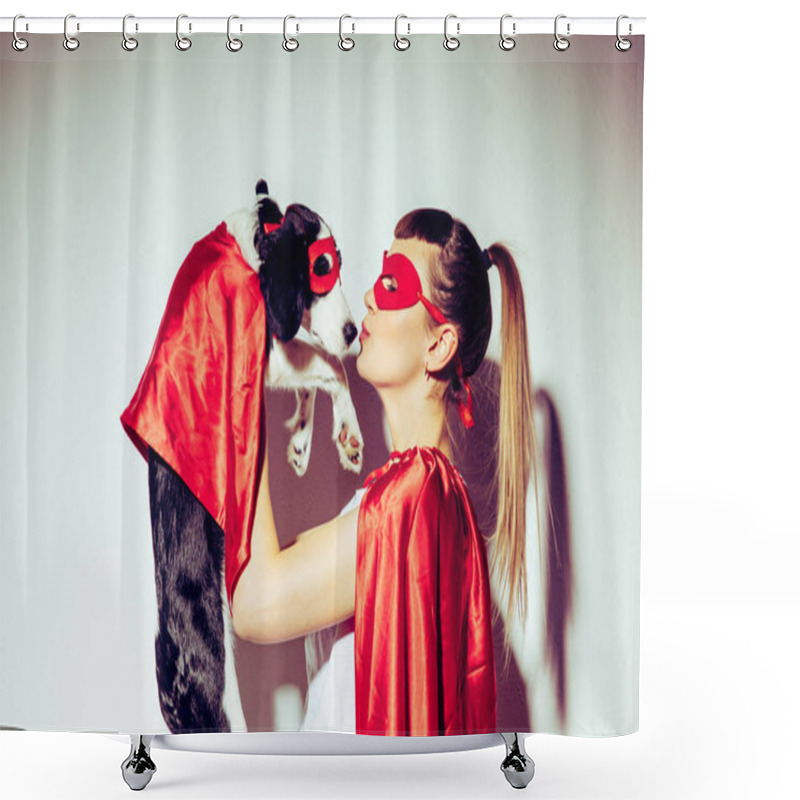 Personality  Side View Of Woman Kissing Puppy In Superhero Costume Shower Curtains