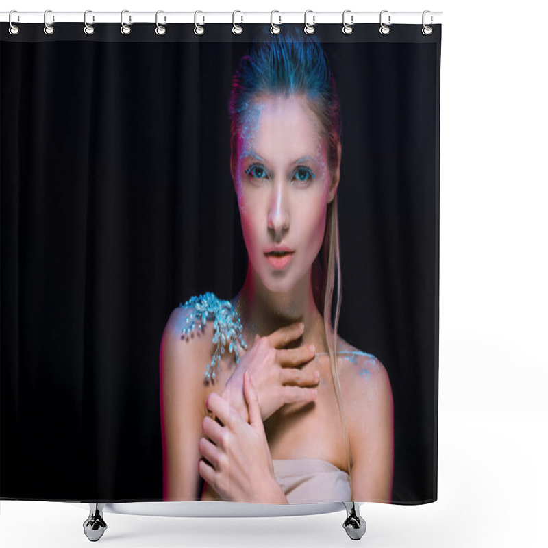 Personality  Attractive Woman With Creative Winter Makeup Isolated On Black Shower Curtains