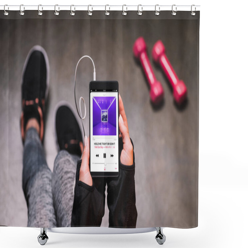 Personality  Cropped View Of Woman Holding Smartphone With Music App On The Screen Shower Curtains