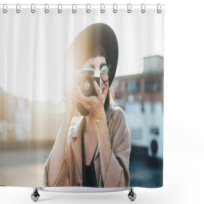 Personality  Hipster Woman With Camera Shower Curtains