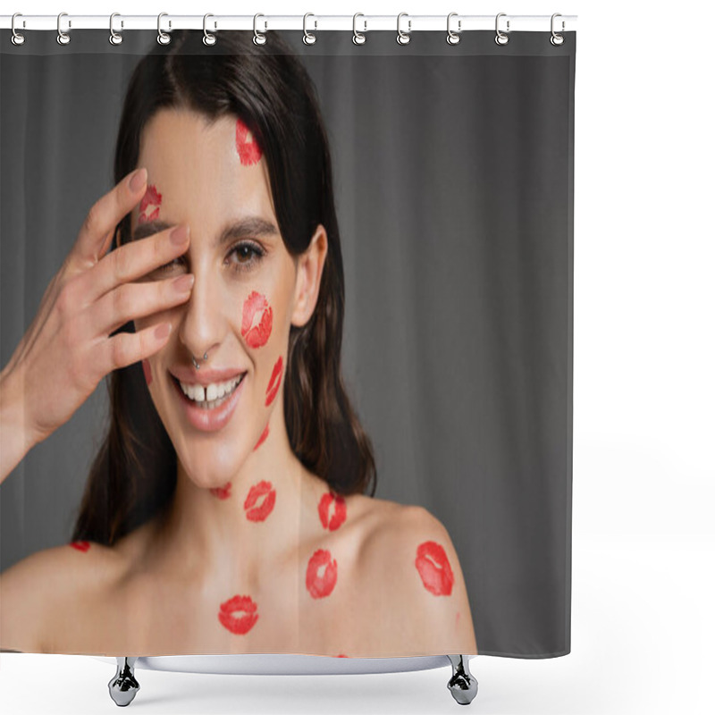 Personality  Sexy Brunette Woman With Red Lipstick Marks On Bare Shoulders And Face Covering Eye With Hand And Smiling Isolated On Grey Shower Curtains