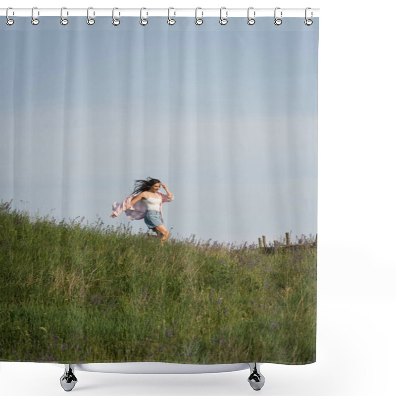 Personality  Excited Woman Running In Grassy Field With Wildflowers On Summer Day Shower Curtains