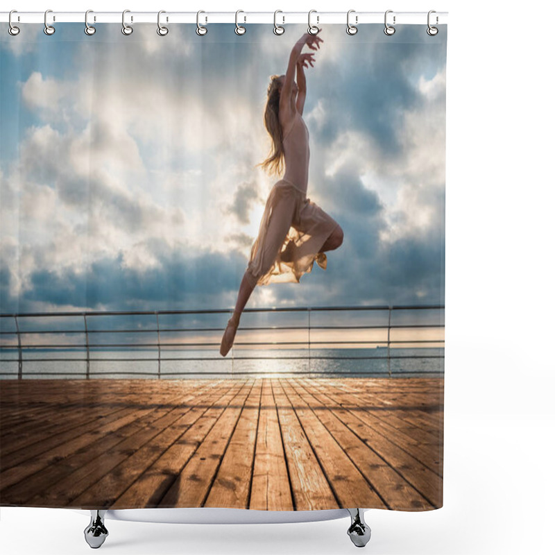 Personality  Jumping Ballerina In Beige Dress And Pointe On Embankment Above Ocean Or Sea Beach At Sunrise.Beautiful Blonde Woman With Long Hair Practicing Stretching And Classic Exercises.Epic Jump. Shower Curtains