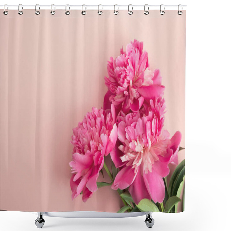 Personality  Beautiful Pink Peony Flowers On Pastel Background. Greeting Card, Decorative Floral Composition. Top View, Flat Lay, Copy Space Shower Curtains