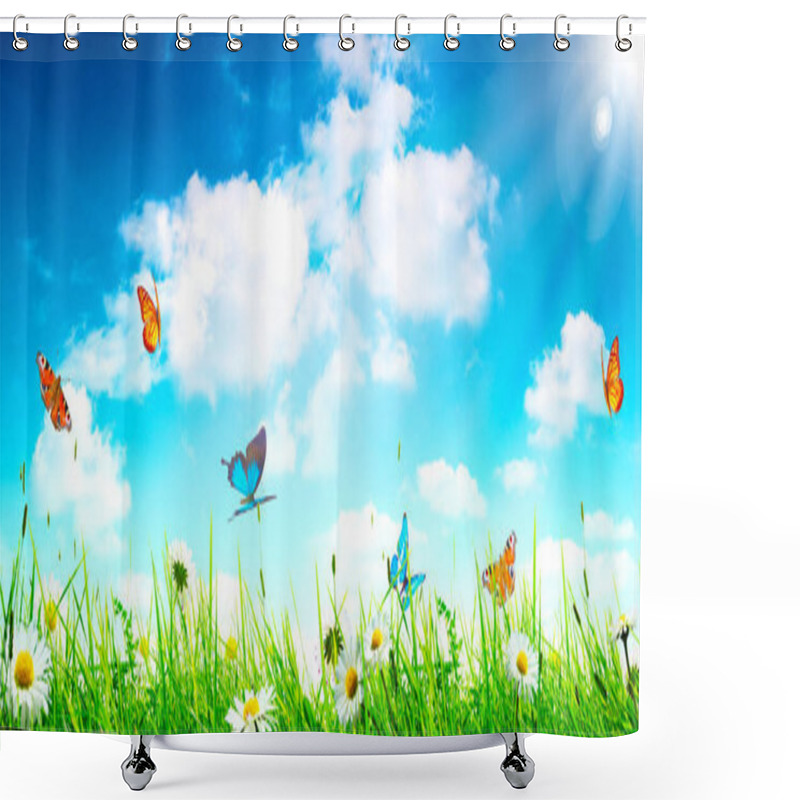 Personality  Flying Butterfly In Spring Morning. Panoramic View. Shower Curtains