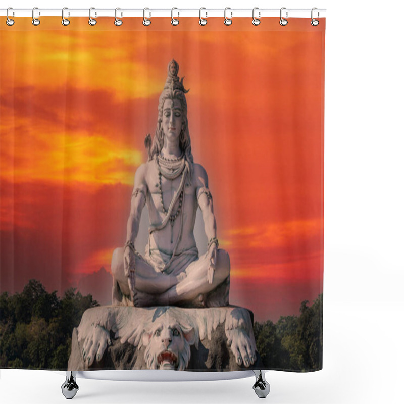 Personality  Statue Of Meditating Hindu God Shiva Against The Red Sky On The Ganges River At Rishikesh Village In India, Close Up Shower Curtains