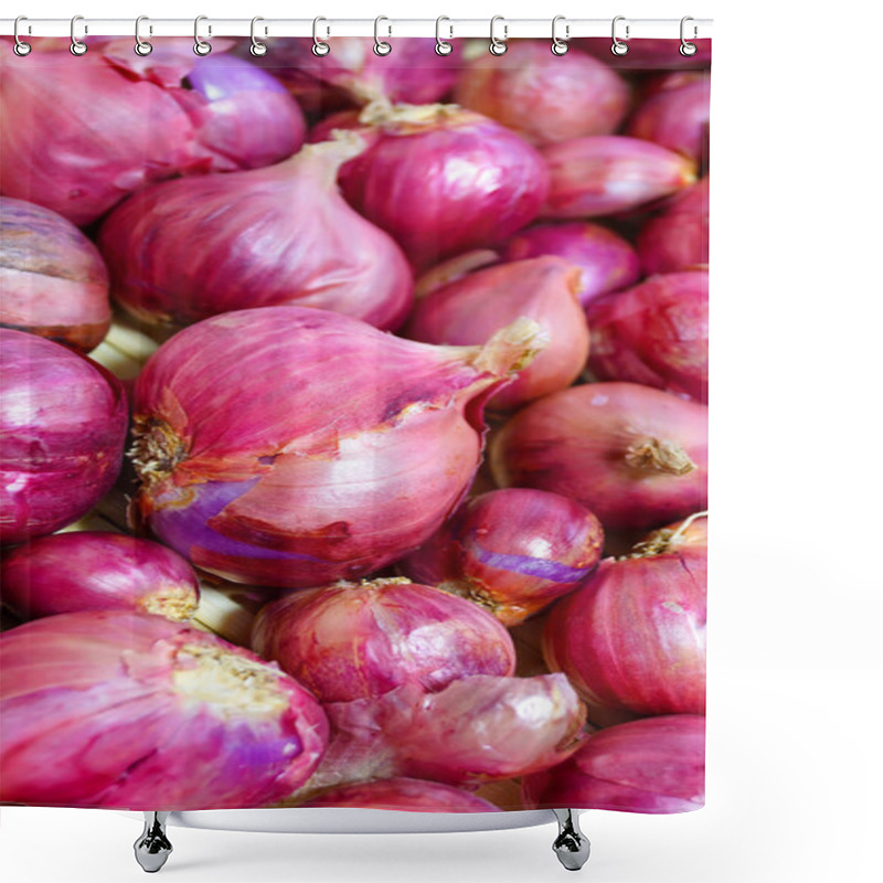 Personality  Red Onion Allium Ascalonicum On Bamboo Basket Shower Curtains