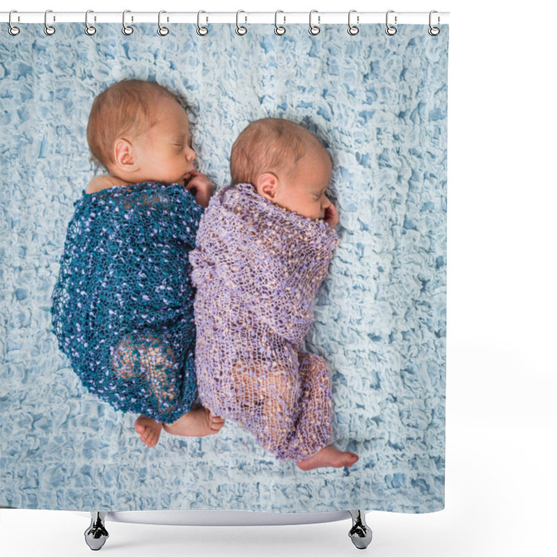 Personality  Newborn Twins  Sleeping On A Blanket Shower Curtains