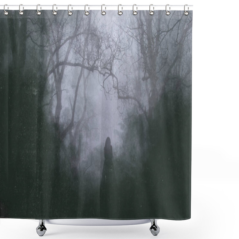 Personality  A Spooky Silhouette Of A Woman Standing On A Path In A Forest. With A Blurred, Vintage Abstract Edit Shower Curtains