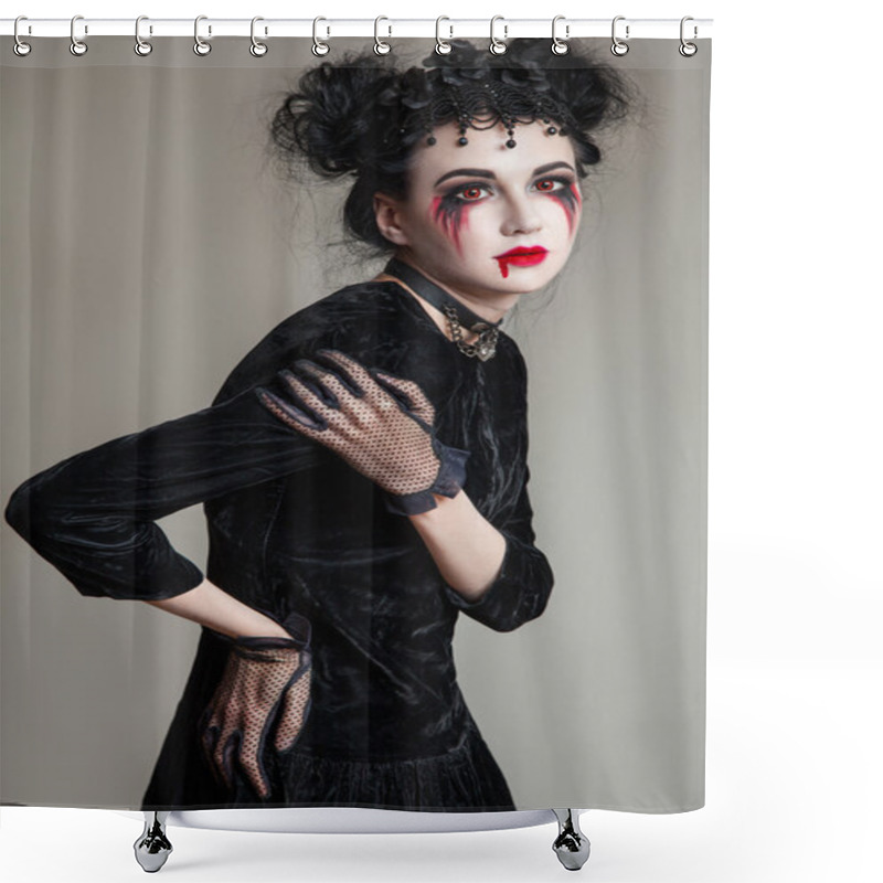 Personality  Young Beautiful Gothic Woman With White Skin And Red Lips. Halloween Makeup. Shower Curtains