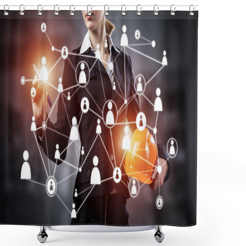 Personality  Businesswoman With Abstract Social Network Interaction Structure. Woman In Business Suit Holding Safety Helmet. Recruitment Agency Presentation. Human Resource Management And Career Development. Shower Curtains